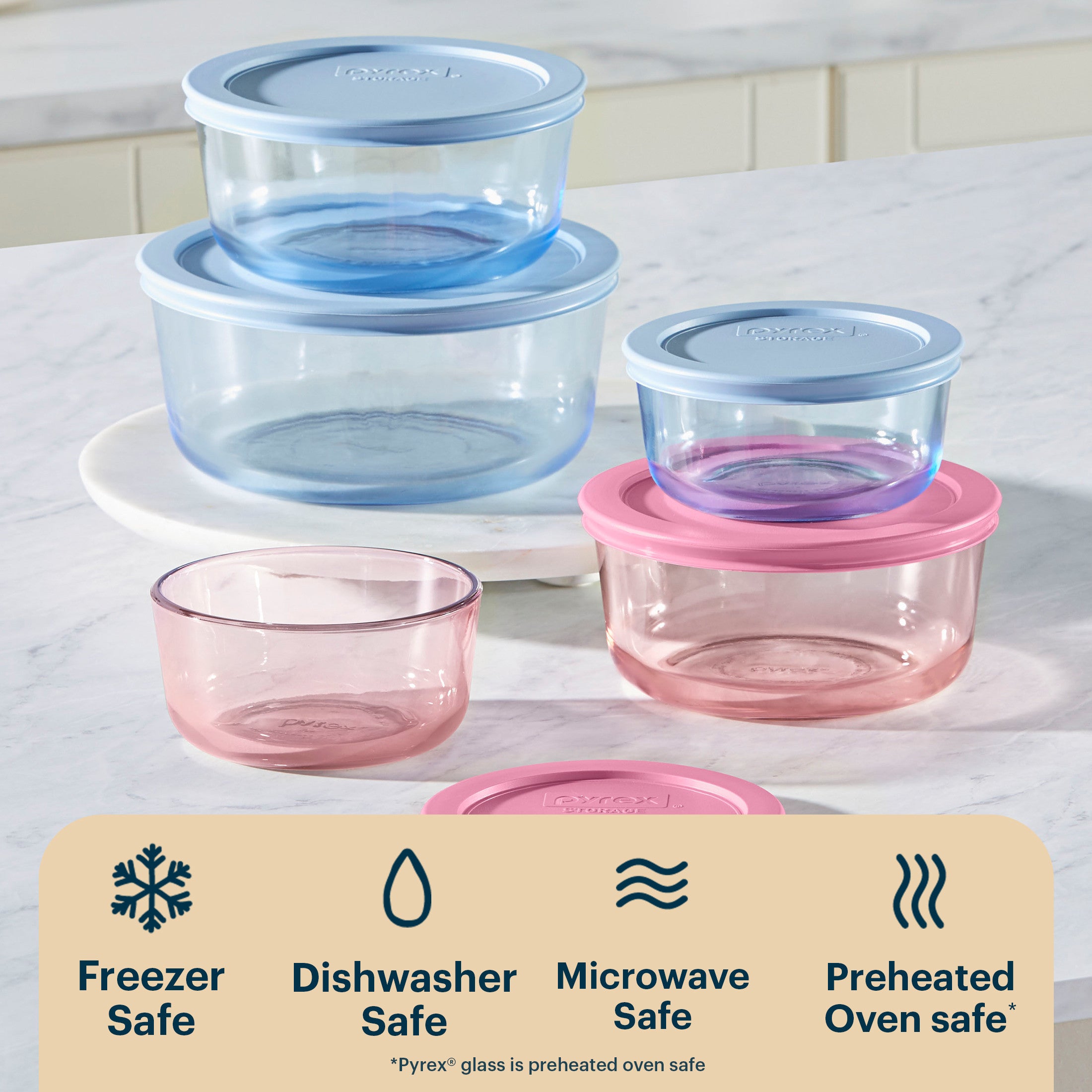 Pyrex? Simply Store? Tinted Glass Round Storage Containers. 10-pc Set. Mixed Colors - Image 4
