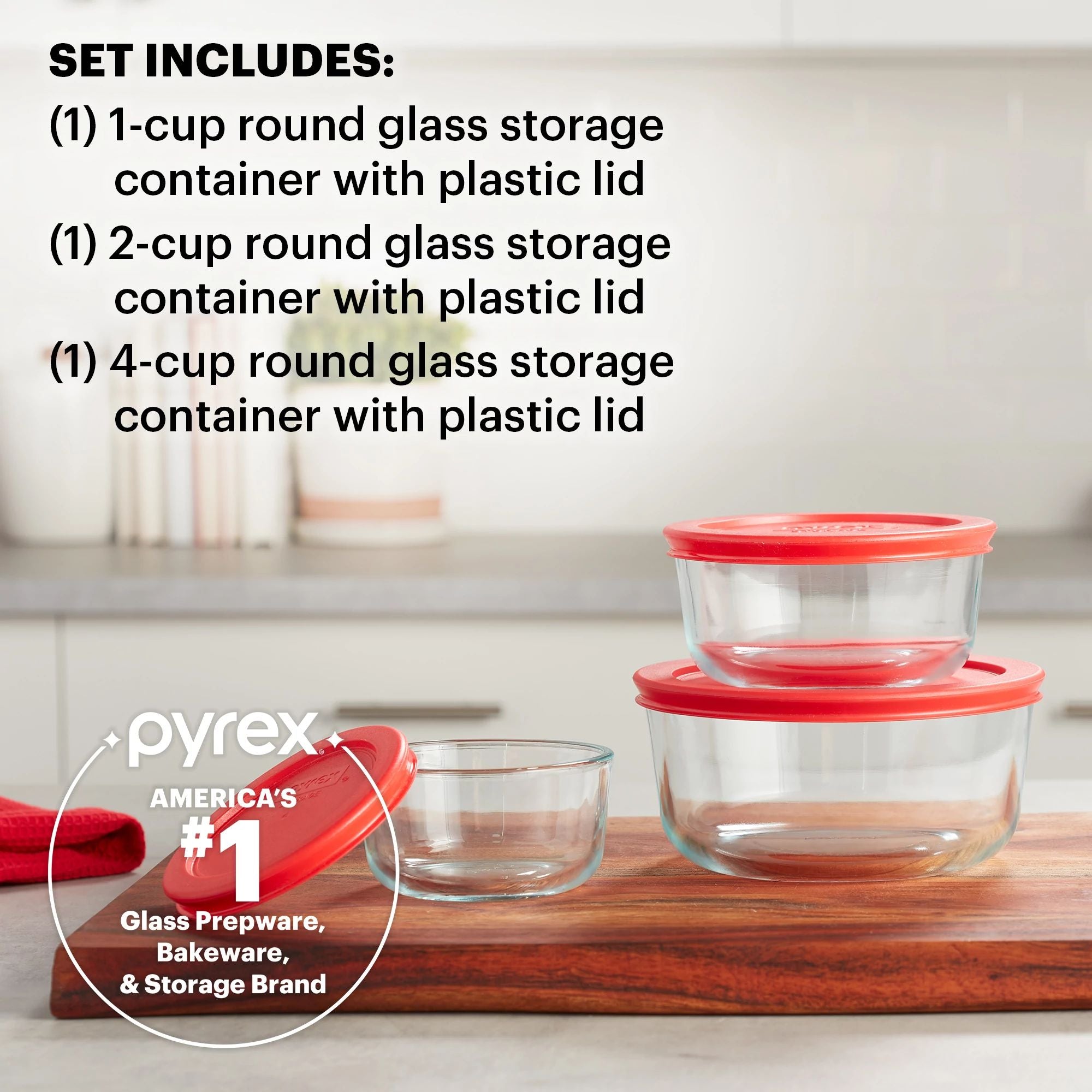 Pyrex? Simply Store? 6-piece Round Glass Storage Set with Red Lids - Image 2