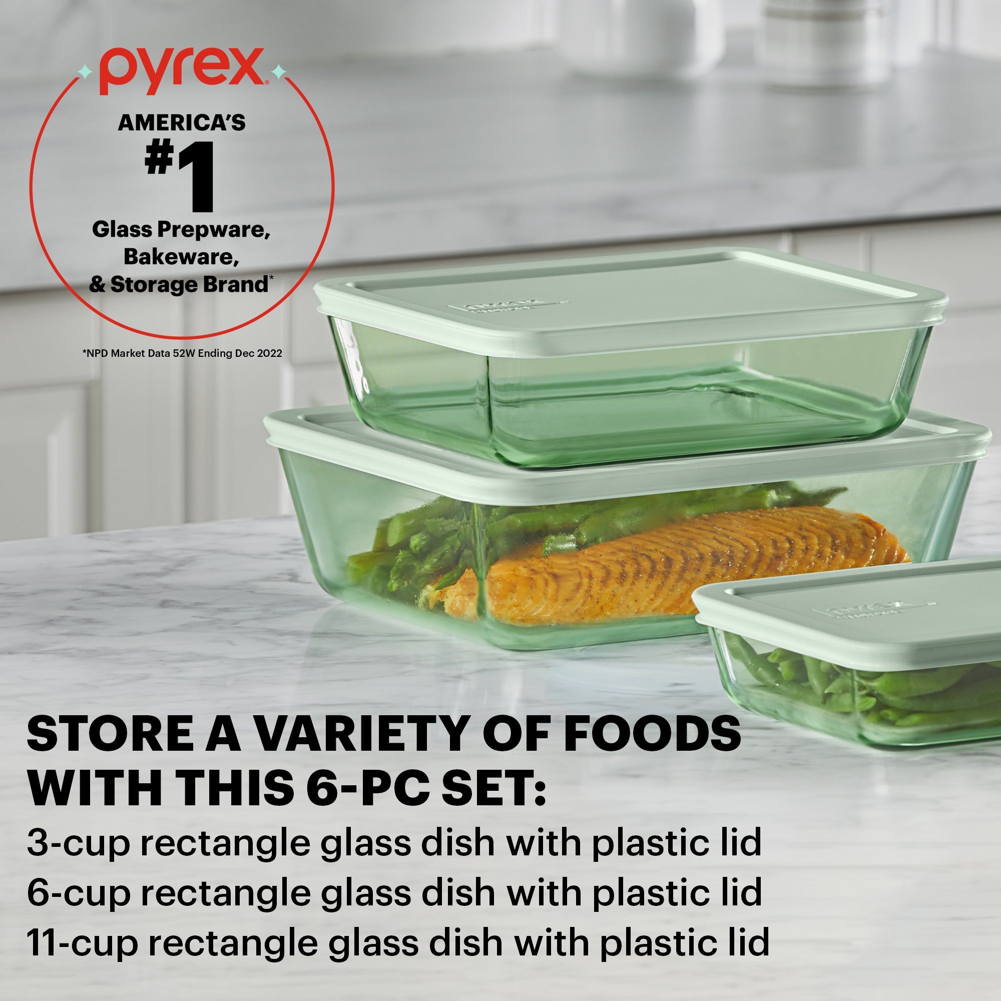 Pyrex? Simply Store? Tinted 6-piece Rectangle Storage Set with Plastic Lids. Green - Image 2
