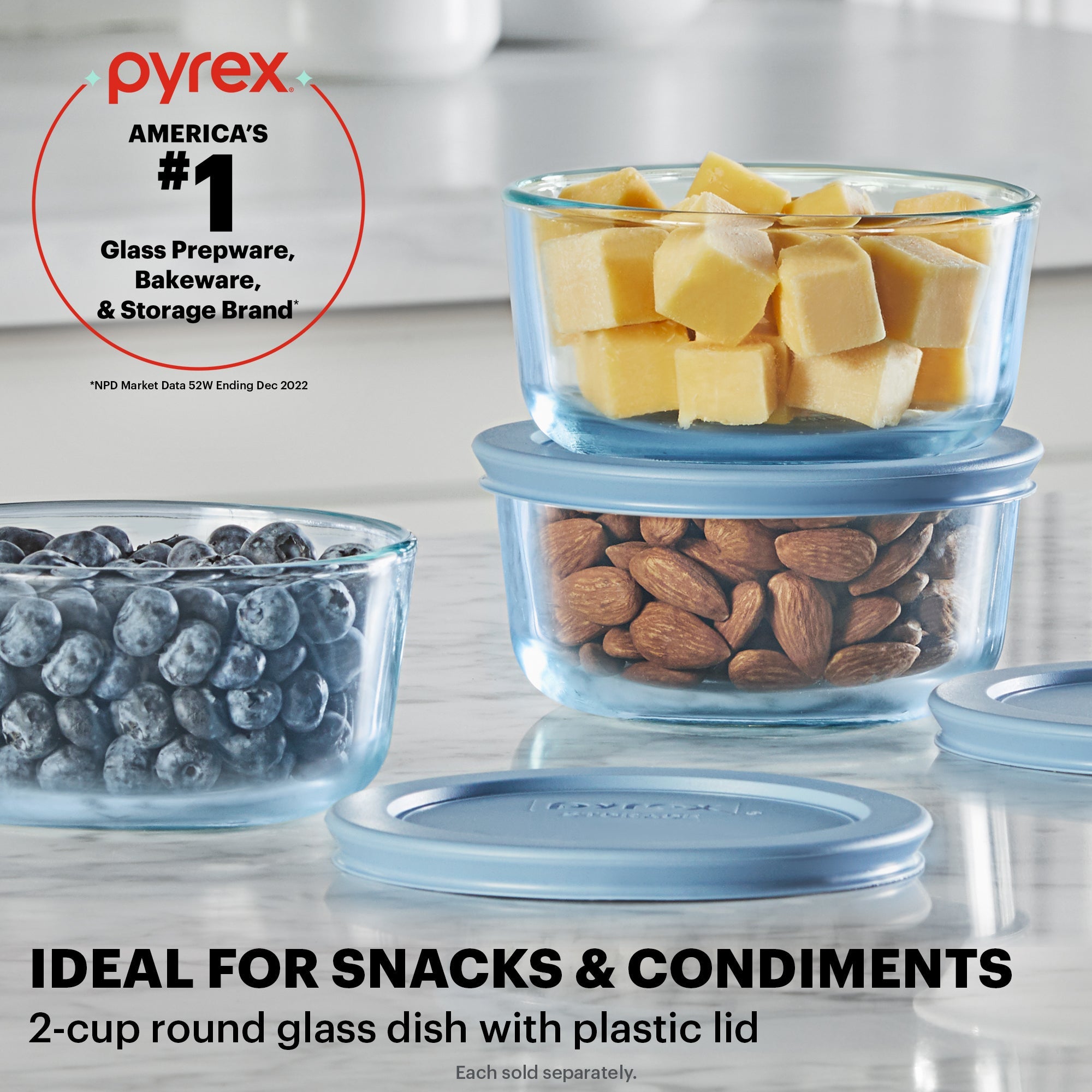 Pyrex® Simply Store® Tinted 2-cup Round Storage with Plastic Lid. Blue - Image 2
